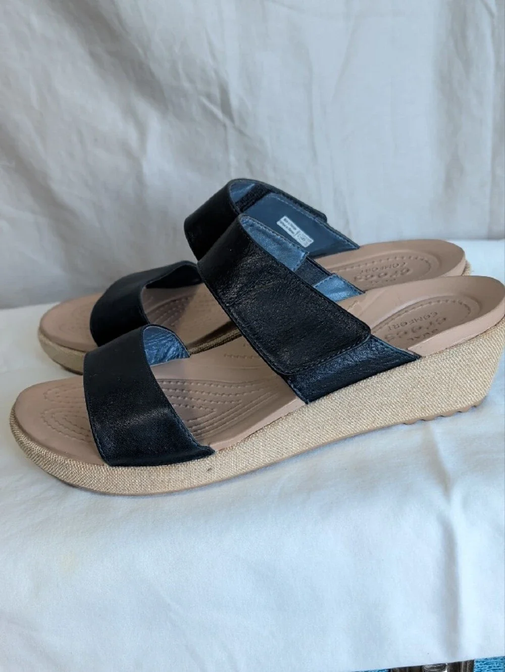 CROCS Black Leather Dual-Strap  Slide Sandals with Tan Wedge Resort Boho Wear